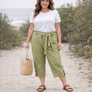 Multiples 100% Linen Olive Green Crop Tie-Waist Capri Pants
